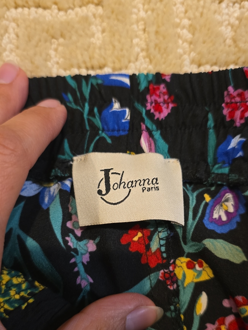 Johanna Paris Black Floral Print Pants with Navy And Red Side Stripe, Size M - Picture 2 of 8